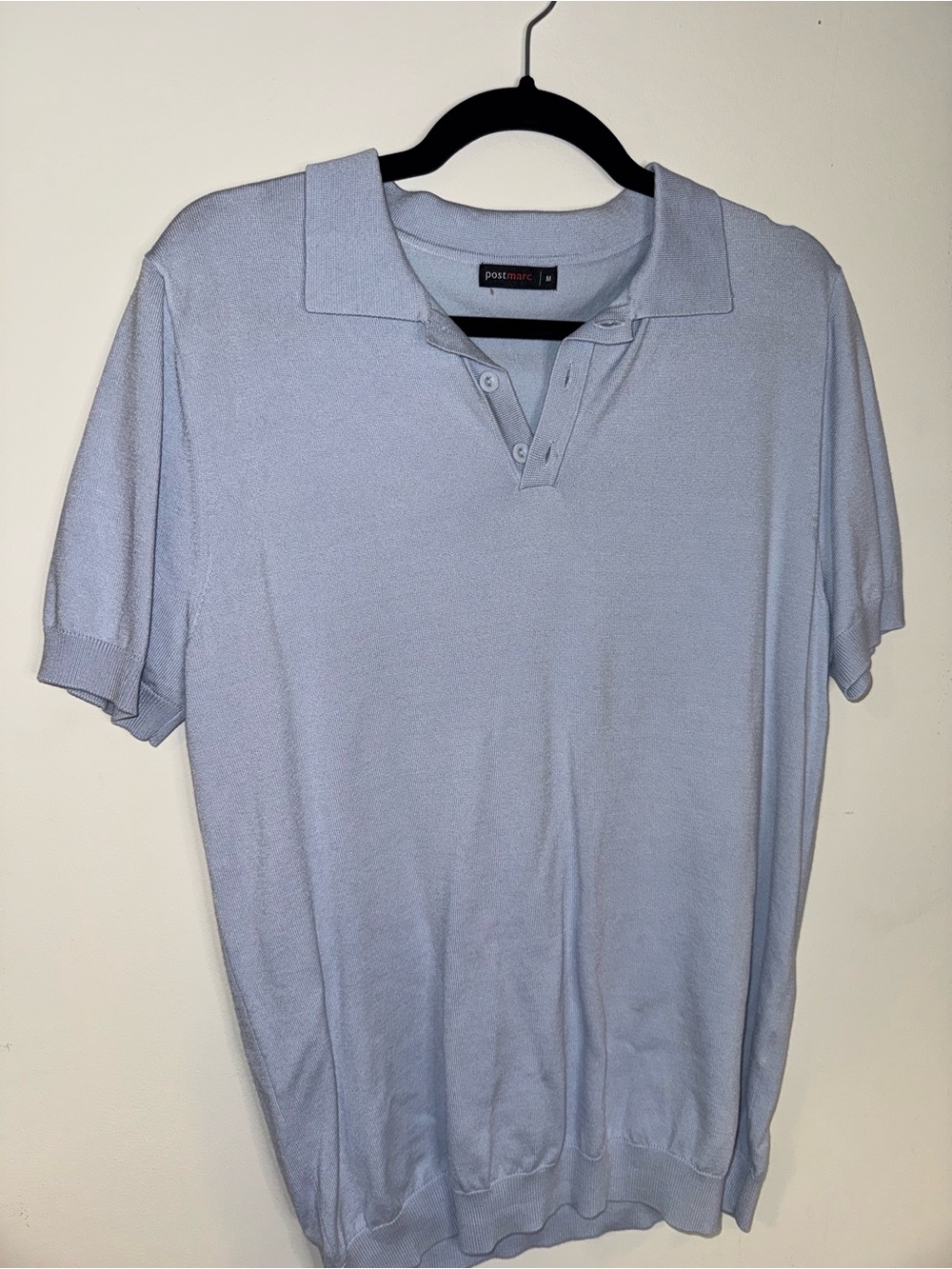 Postmarc Men’s M Light Blue Fine Knit 3-Button Polo Shirt